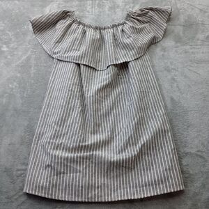 Carole Christian USA‎ Dress Small Off Shoulder Elastic Blue Gray Striped Retro
